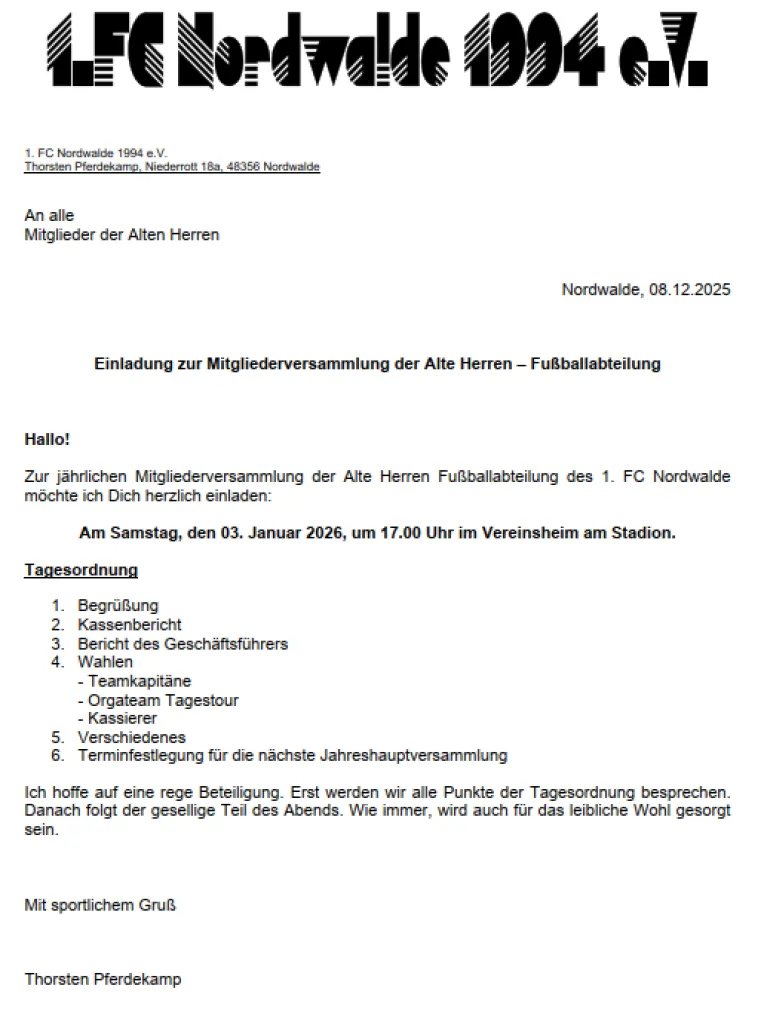 Alte Herren Jahreshauptversammlung